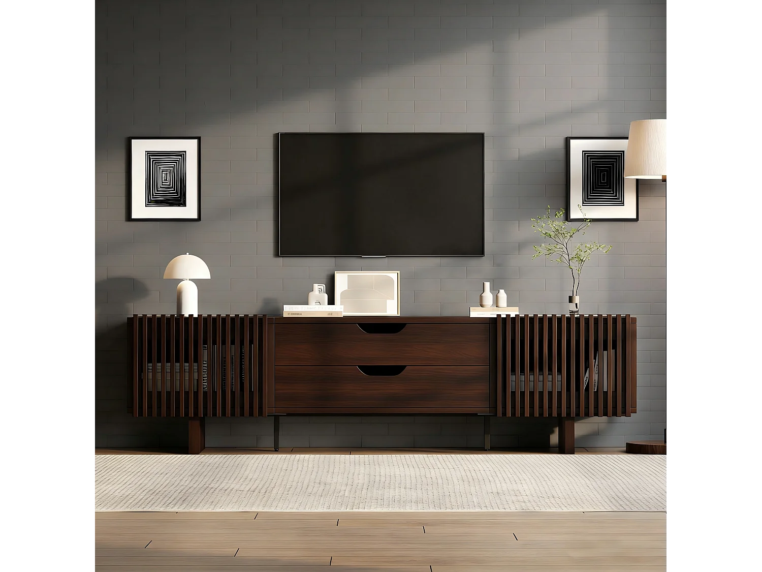 Meuble TV en noyer foncé - 180 x 40 x 45 cm - avec 2 tiroirs + 2 portes - pour TV 75 pouces - MDF