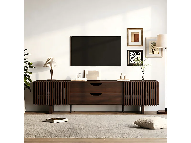 Meuble TV en noyer foncé - 180 x 40 x 45 cm - avec 2 tiroirs + 2 portes - pour TV 75 pouces - MDF