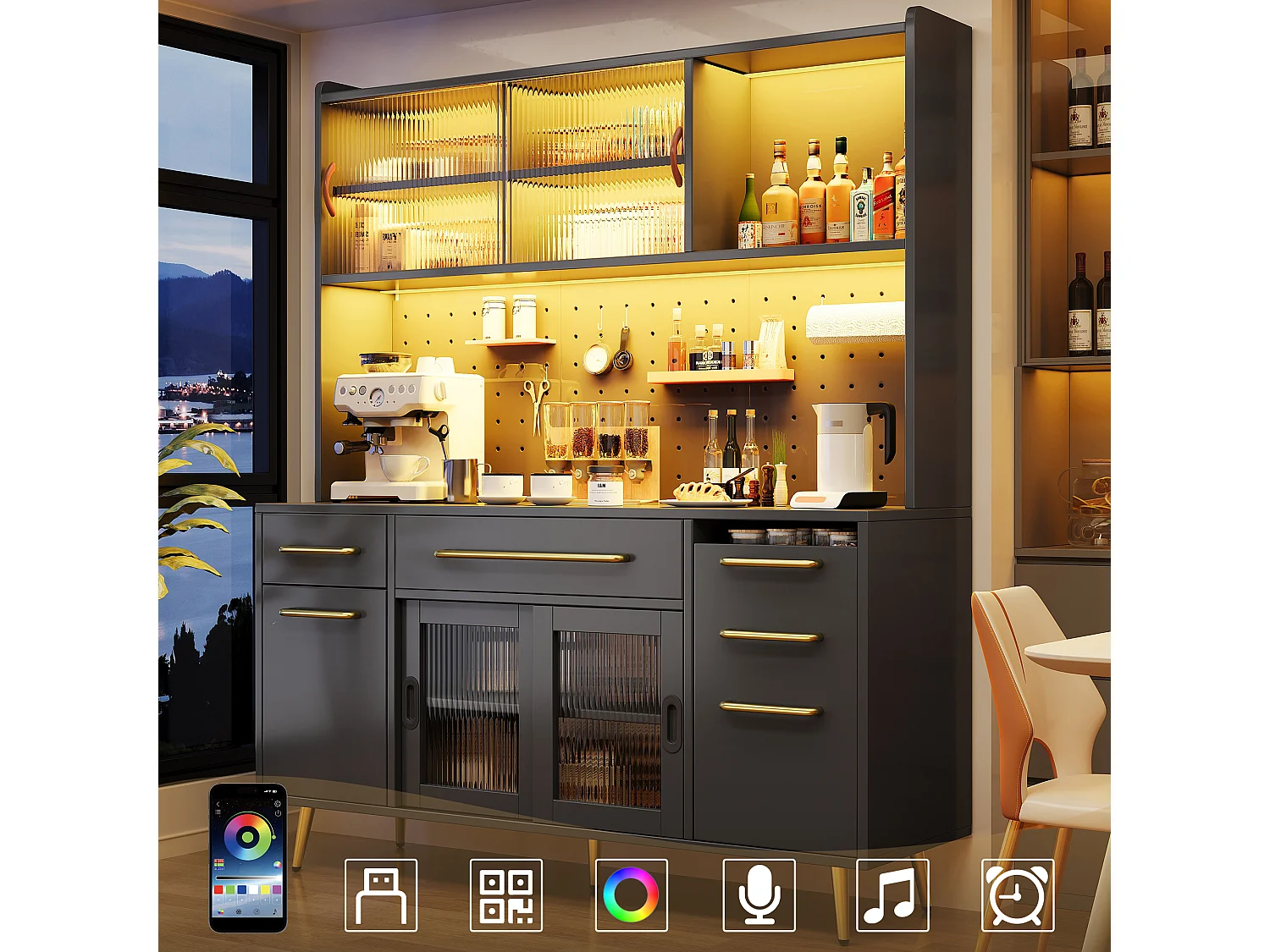 Modernes Küchen-Sideboard – 145 x 39 x 171 cm – mit Türen, LEDs, Schubladen und Glasablage – MDF und Glas – schwarz