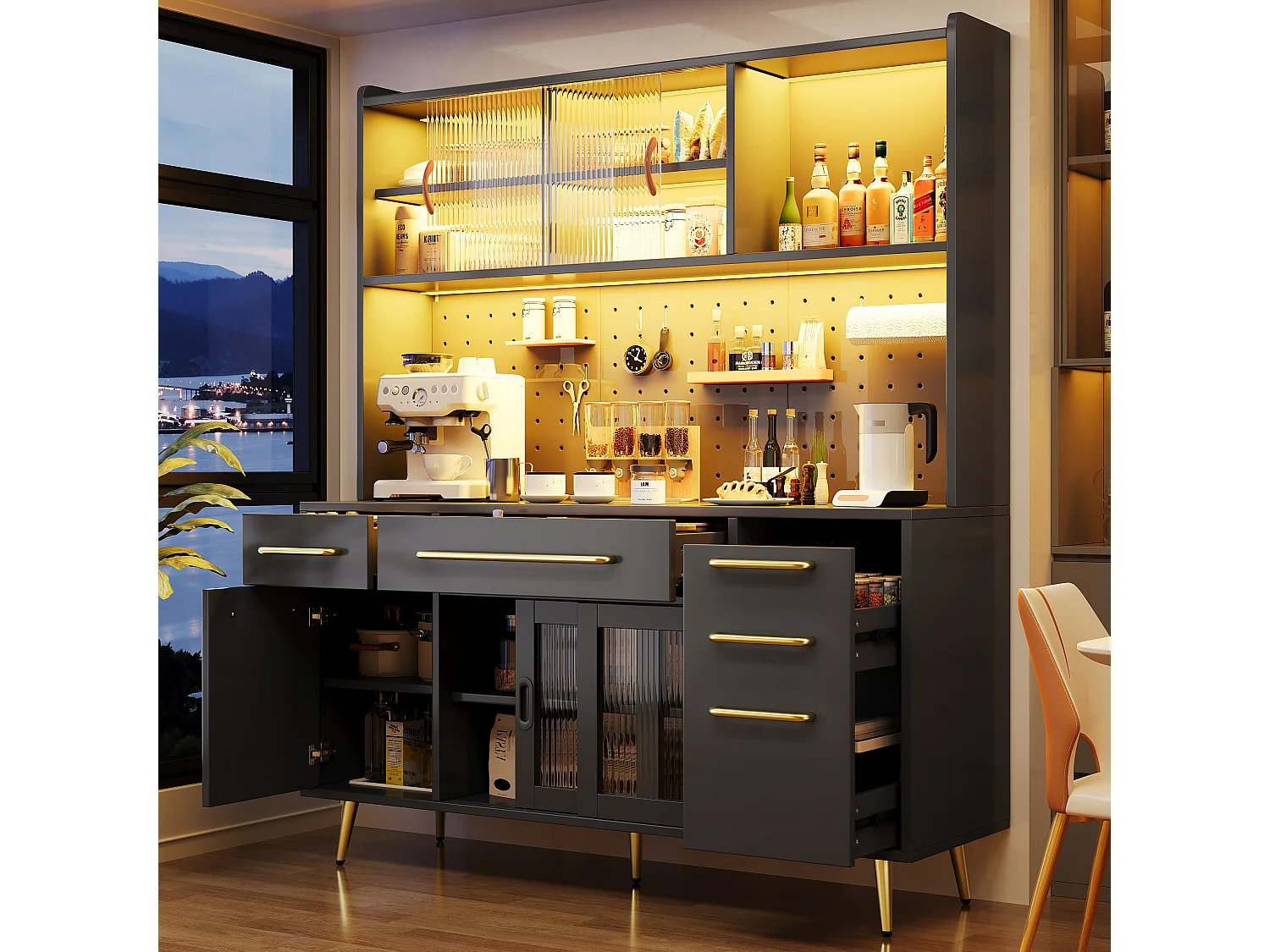 Modernes Küchen-Sideboard – 145 x 39 x 171 cm – mit Türen, LEDs, Schubladen und Glasablage – MDF und Glas – schwarz