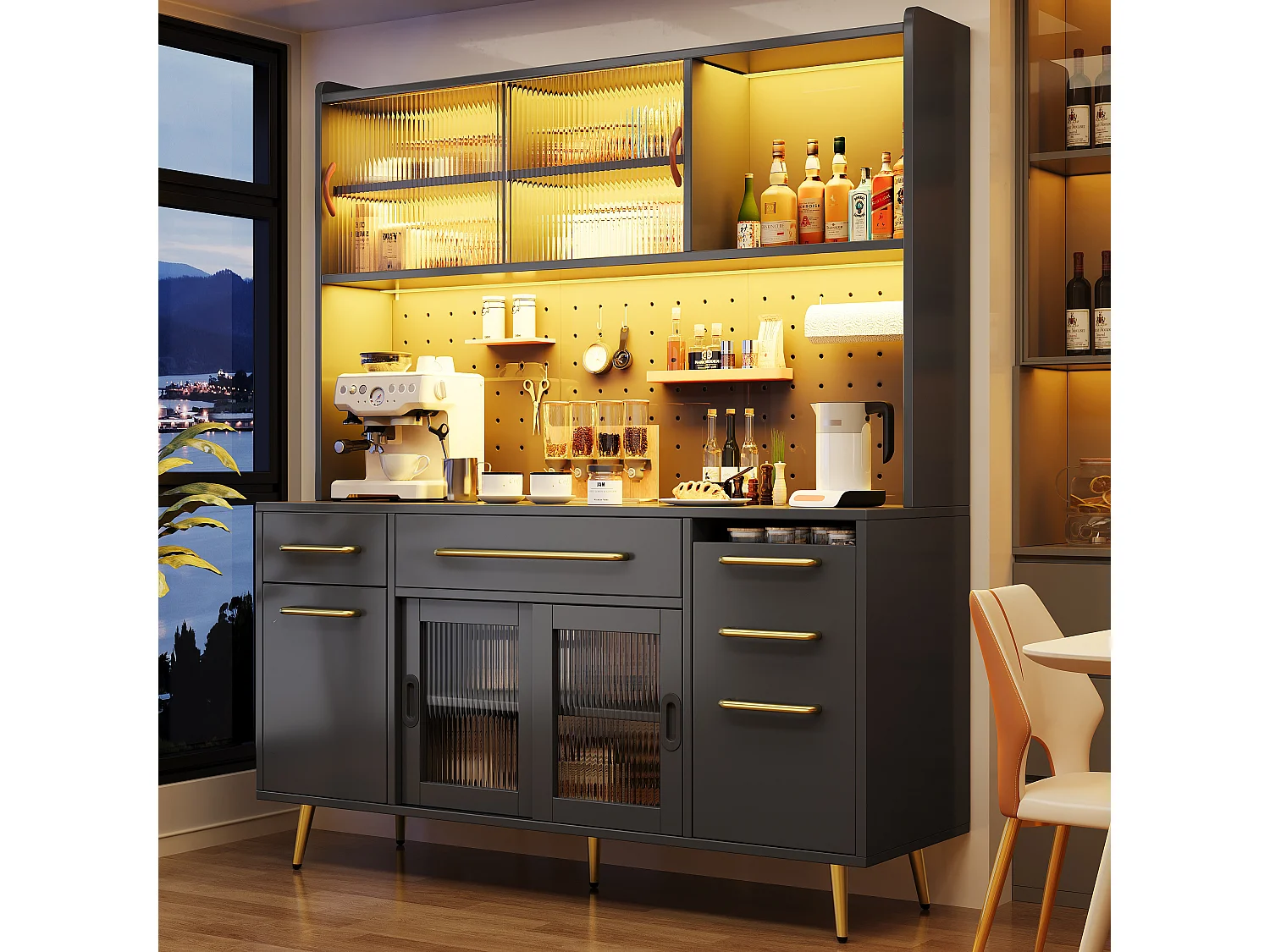 Modernes Küchen-Sideboard – 145 x 39 x 171 cm – mit Türen, LEDs, Schubladen und Glasablage – MDF und Glas – schwarz