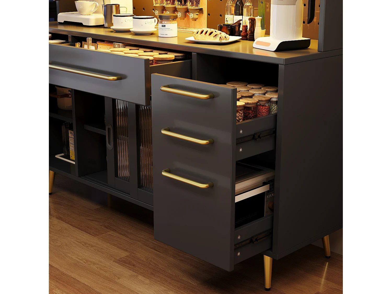 Modernes Küchen-Sideboard – 145 x 39 x 171 cm – mit Türen, LEDs, Schubladen und Glasablage – MDF und Glas – schwarz