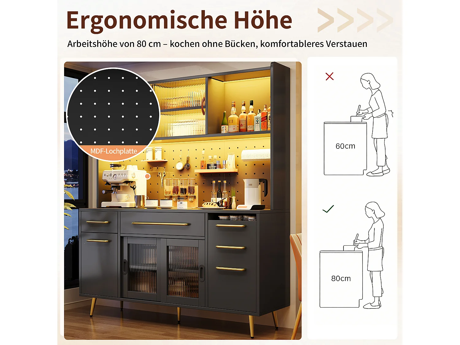 Modernes Küchen-Sideboard – 145 x 39 x 171 cm – mit Türen, LEDs, Schubladen und Glasablage – MDF und Glas – schwarz