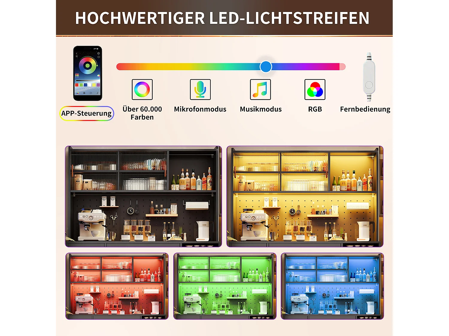 Modernes Küchen-Sideboard – 145 x 39 x 171 cm – mit Türen, LEDs, Schubladen und Glasablage – MDF und Glas – schwarz