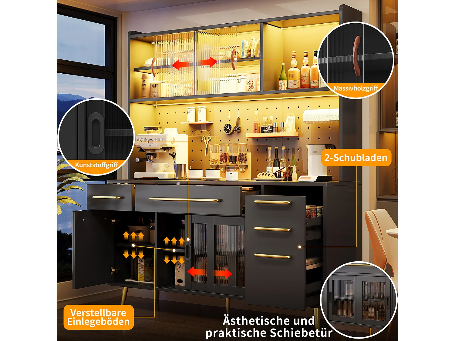 Modernes Küchen-Sideboard – 145 x 39 x 171 cm – mit Türen, LEDs, Schubladen und Glasablage – MDF und Glas – schwarz