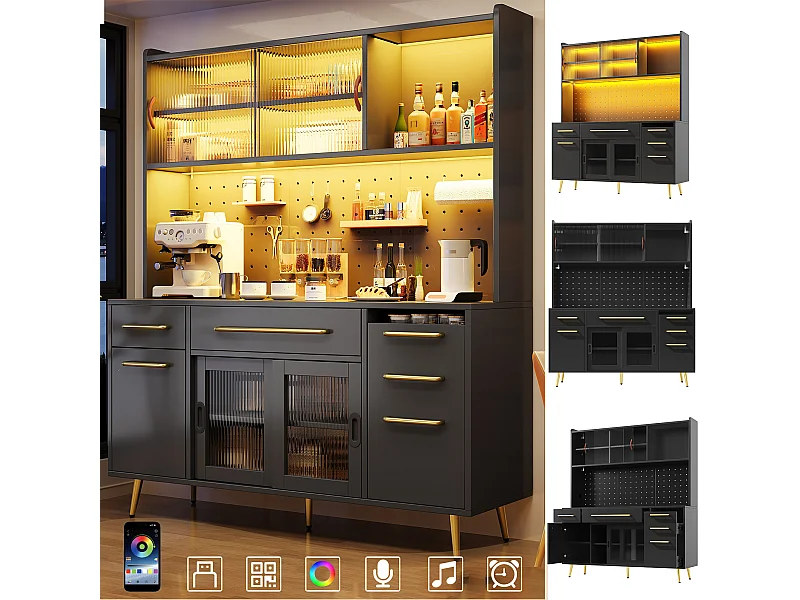 Modernes Küchen-Sideboard – 145 x 39 x 171 cm – mit Türen, LEDs, Schubladen und Glasablage – MDF und Glas – schwarz