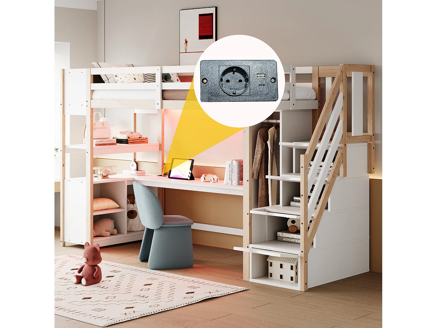 Lit mezzanine en bois enfant - 90 x 200 cm - avec armoire + bureau + armoire + étagère + escalier de rangement + Leds - blanc + naturel