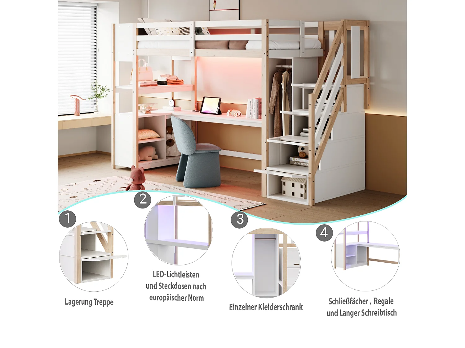 Lit mezzanine en bois enfant - 90 x 200 cm - avec armoire + bureau + armoire + étagère + escalier de rangement + Leds - blanc + naturel