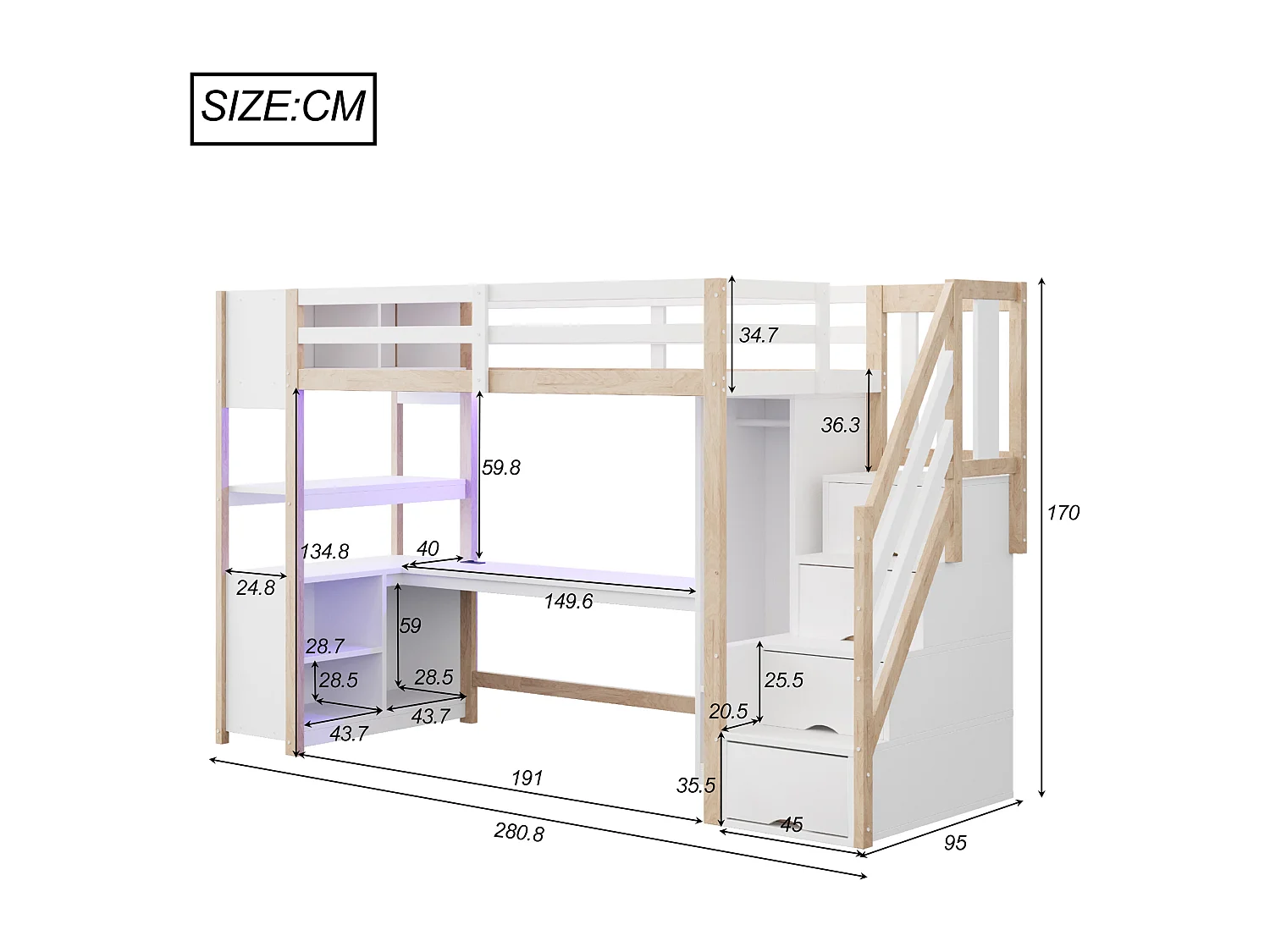 Lit mezzanine en bois enfant - 90 x 200 cm - avec armoire + bureau + armoire + étagère + escalier de rangement + Leds - blanc + naturel
