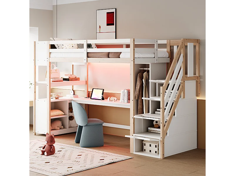 Lit mezzanine en bois enfant - 90 x 200 cm - avec armoire + bureau + armoire + étagère + escalier de rangement + Leds - blanc + naturel