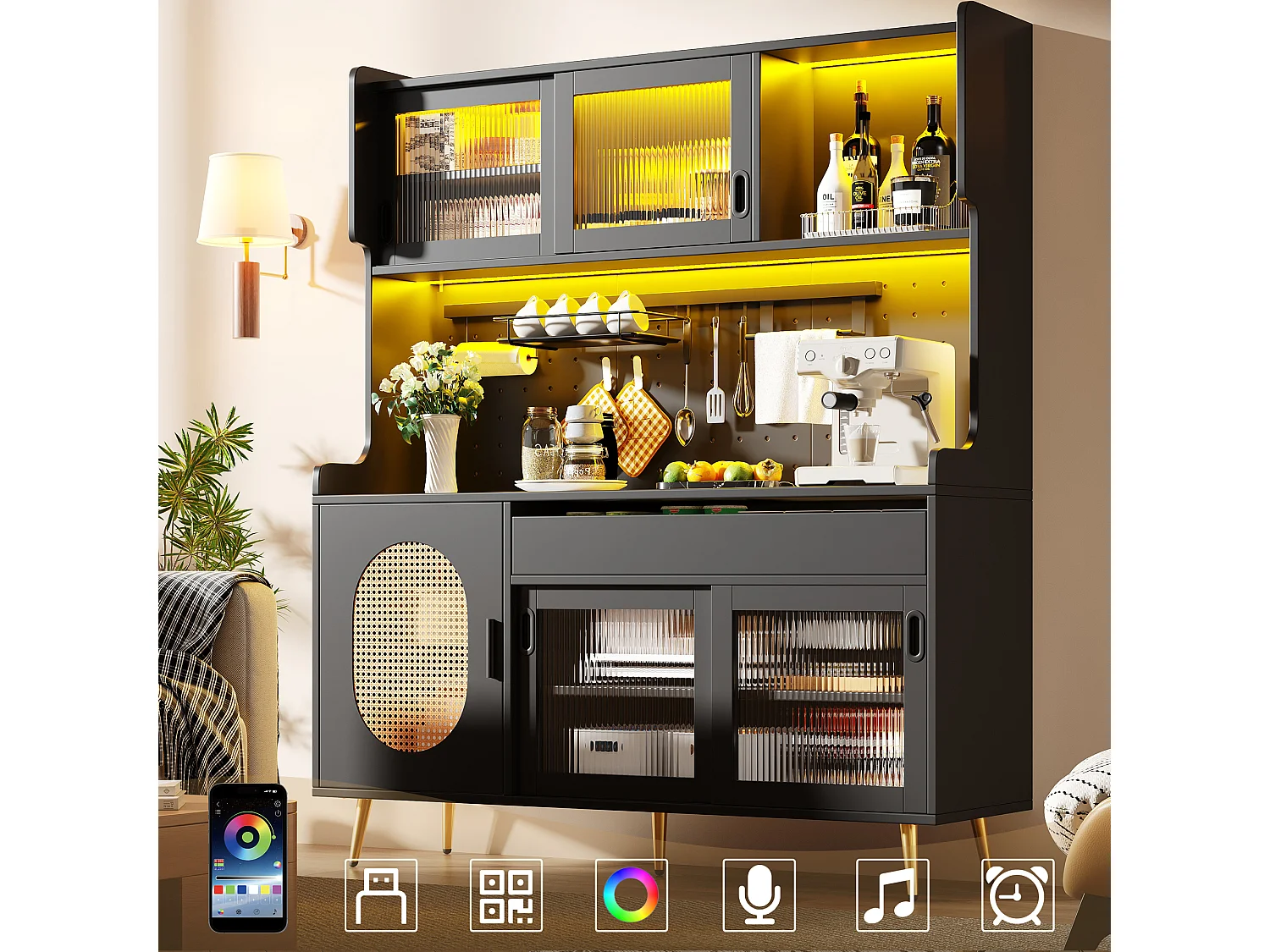 Küchen-Sideboard im Landhausstil – 145 x 39 x 171 cm – mit 5 Türen, LED-Beleuchtung, Ablagefach und Schublade – MDF – schwarz