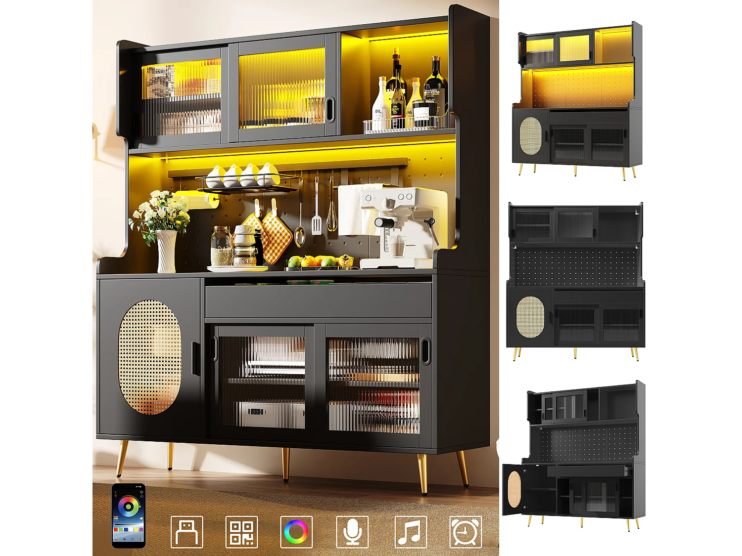 Küchen-Sideboard im Landhausstil – 145 x 39 x 171 cm – mit 5 Türen, LED-Beleuchtung, Ablagefach und Schublade – MDF – schwarz