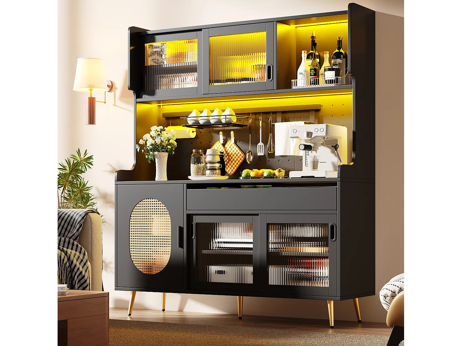 Küchen-Sideboard im Landhausstil – 145 x 39 x 171 cm – mit 5 Türen, LED-Beleuchtung, Ablagefach und Schublade – MDF – schwarz