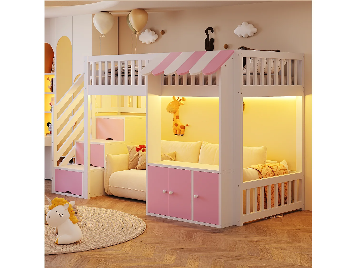 Lit mezzanine en bois pour efant - 90 x 200 cm - avec escalier de rangement + Leds + 2 casiers - blanc + rose