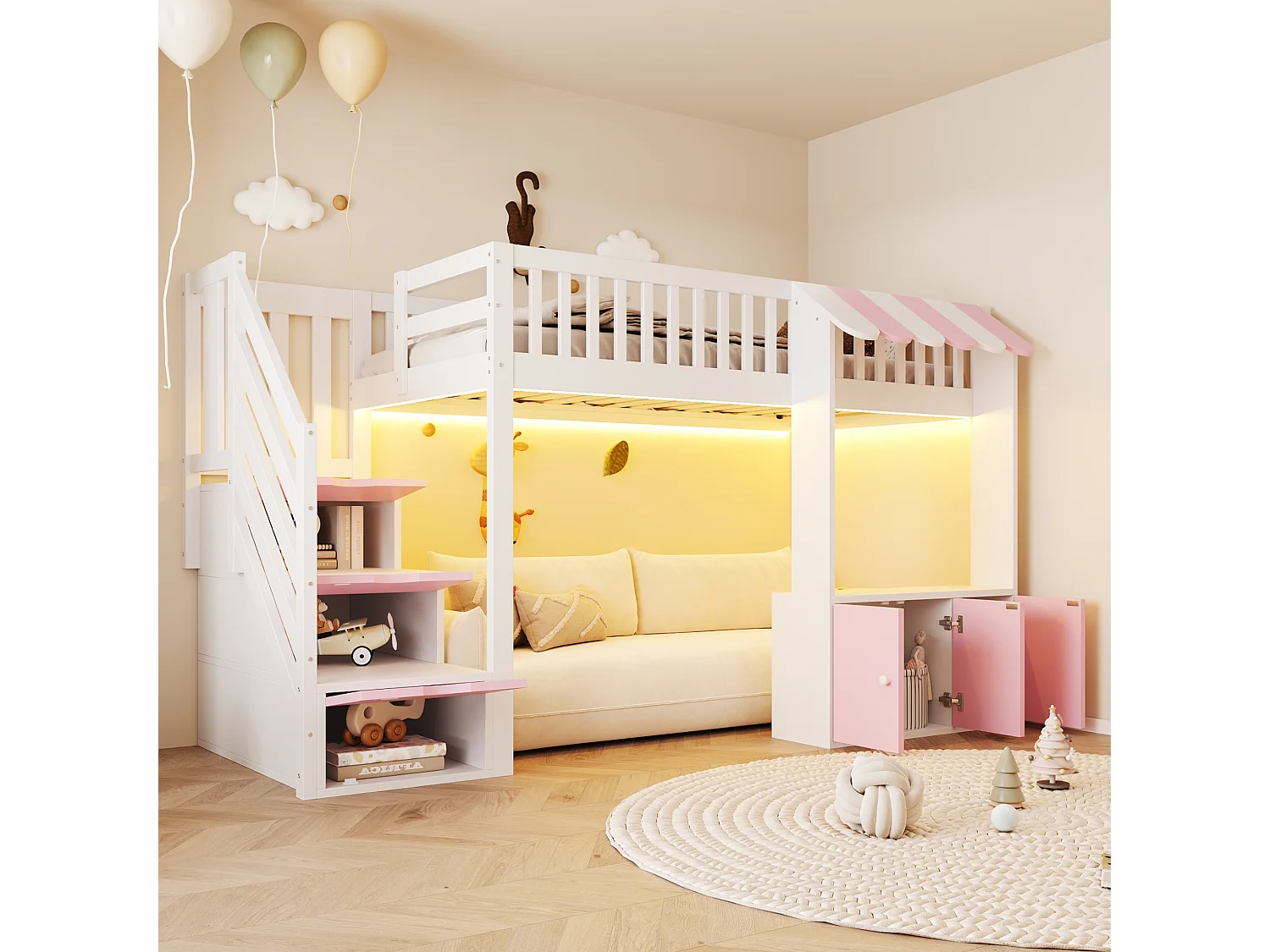 Lit mezzanine en bois pour efant - 90 x 200 cm - avec escalier de rangement + Leds + 2 casiers - blanc + rose