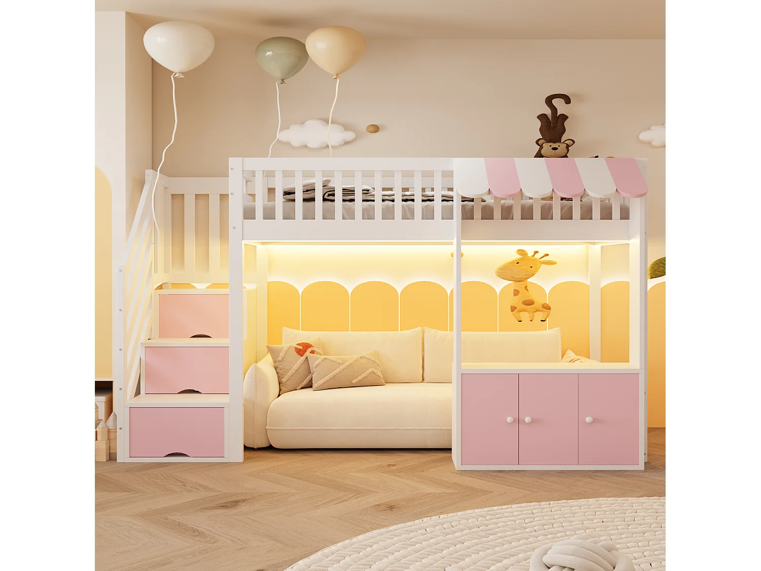 Lit mezzanine en bois pour efant - 90 x 200 cm - avec escalier de rangement + Leds + 2 casiers - blanc + rose