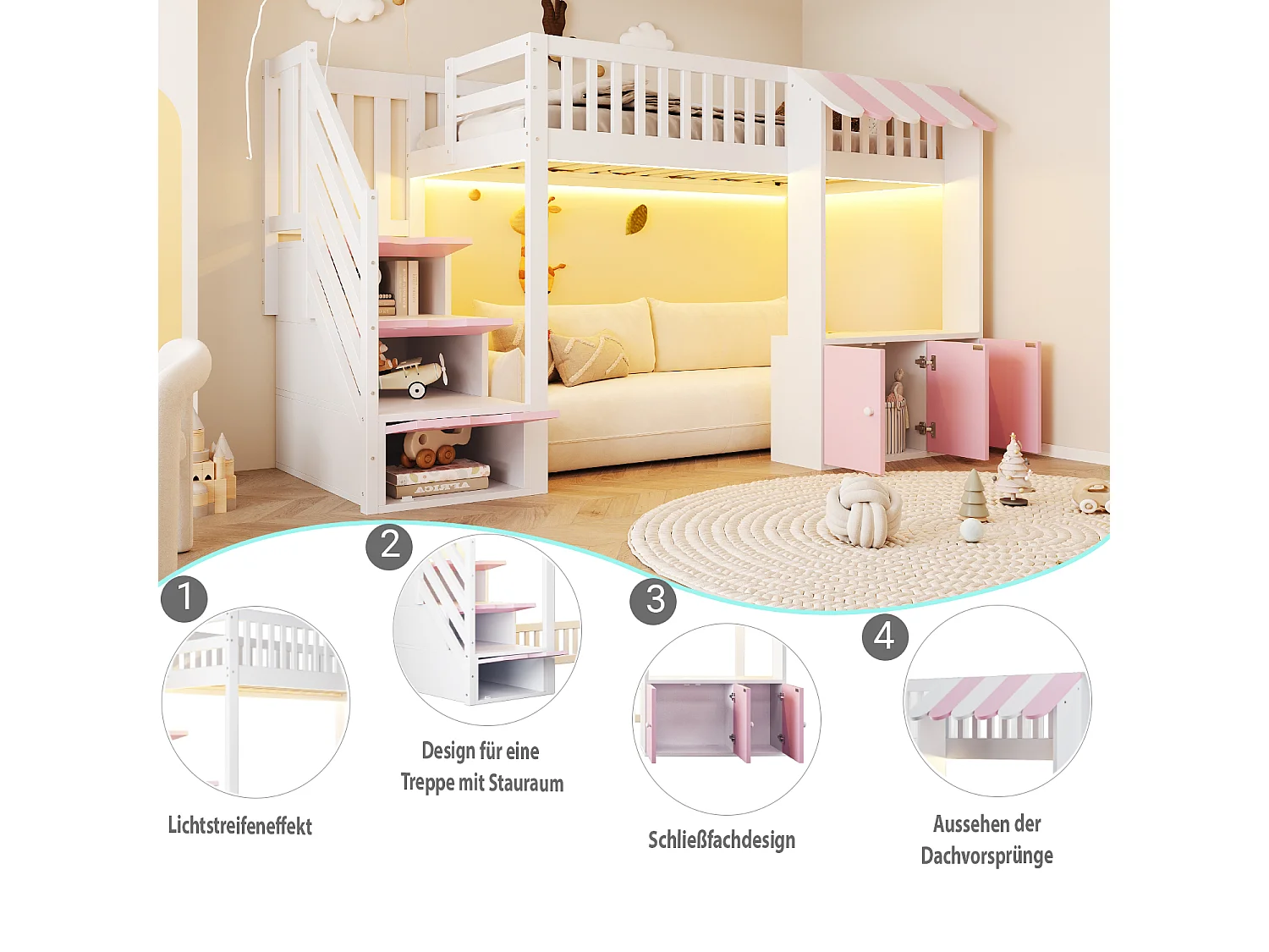 Lit mezzanine en bois pour efant - 90 x 200 cm - avec escalier de rangement + Leds + 2 casiers - blanc + rose