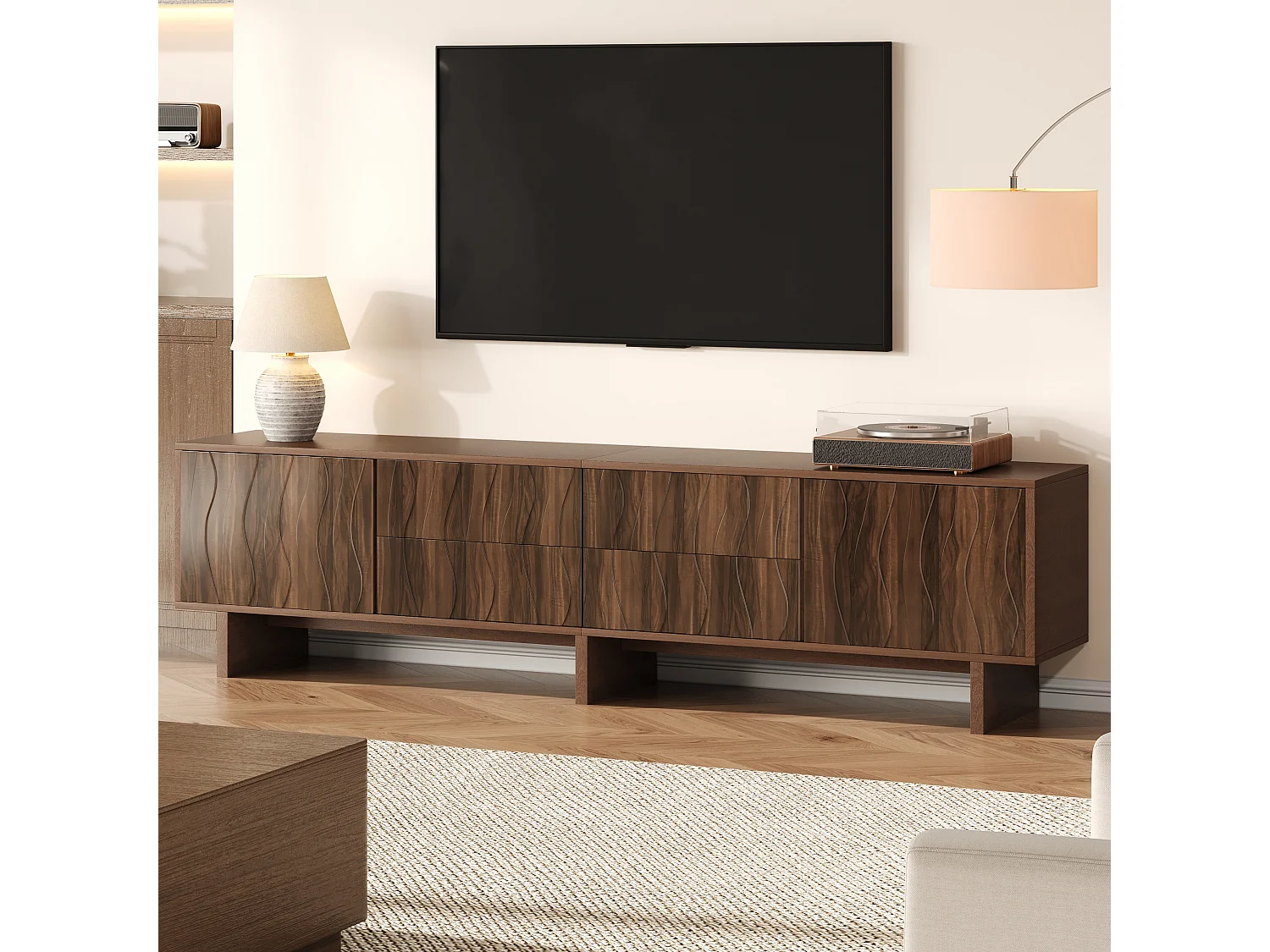 Meuble TV design ondulé - 180 x 40 x 56 cm - avec 4 tiroirs + 2 portes - pour TV 75 pouces - aggloméré - noyer foncé