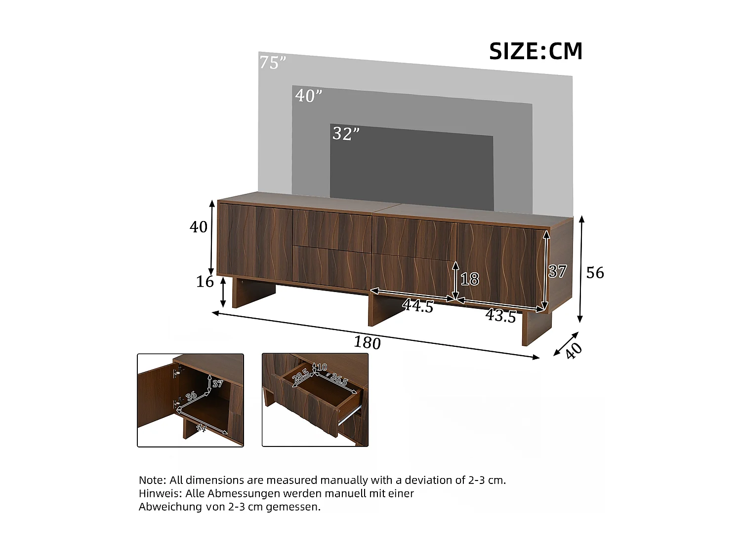 Meuble TV design ondulé - 180 x 40 x 56 cm - avec 4 tiroirs + 2 portes - pour TV 75 pouces - aggloméré - noyer foncé