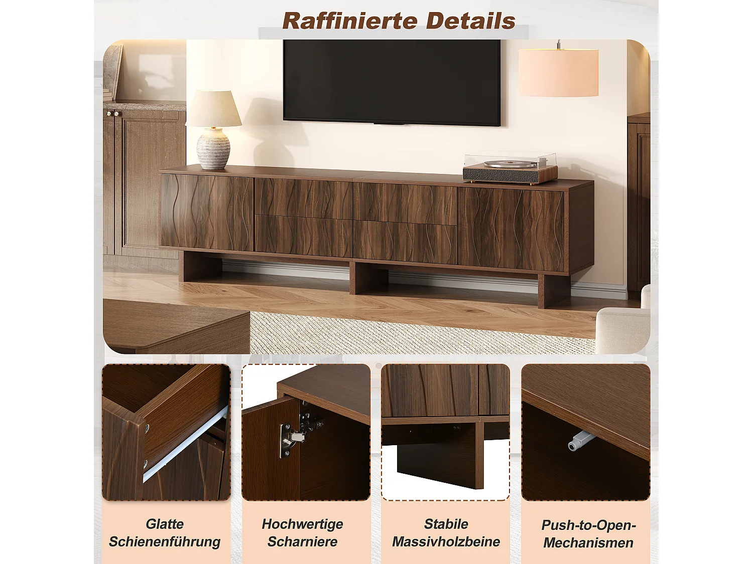 Meuble TV design ondulé - 180 x 40 x 56 cm - avec 4 tiroirs + 2 portes - pour TV 75 pouces - aggloméré - noyer foncé