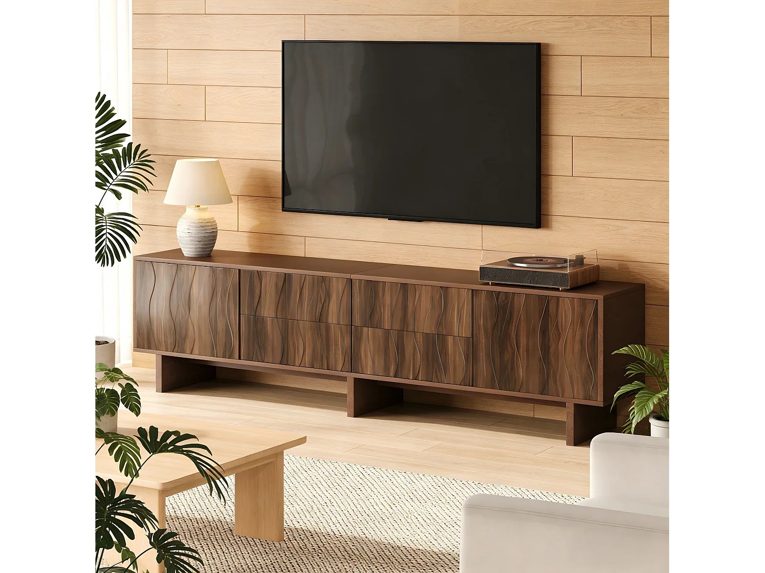 Meuble TV design ondulé - 180 x 40 x 56 cm - avec 4 tiroirs + 2 portes - pour TV 75 pouces - aggloméré - noyer foncé