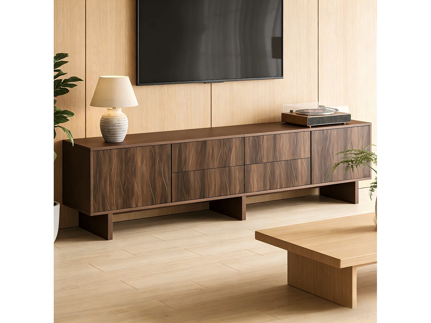 Meuble TV design ondulé - 180 x 40 x 56 cm - avec 4 tiroirs + 2 portes - pour TV 75 pouces - aggloméré - noyer foncé