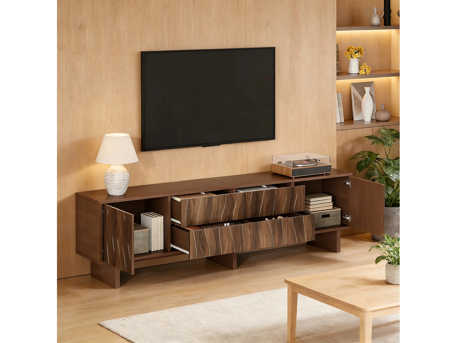 Meuble TV design ondulé - 180 x 40 x 56 cm - avec 4 tiroirs + 2 portes - pour TV 75 pouces - aggloméré - noyer foncé