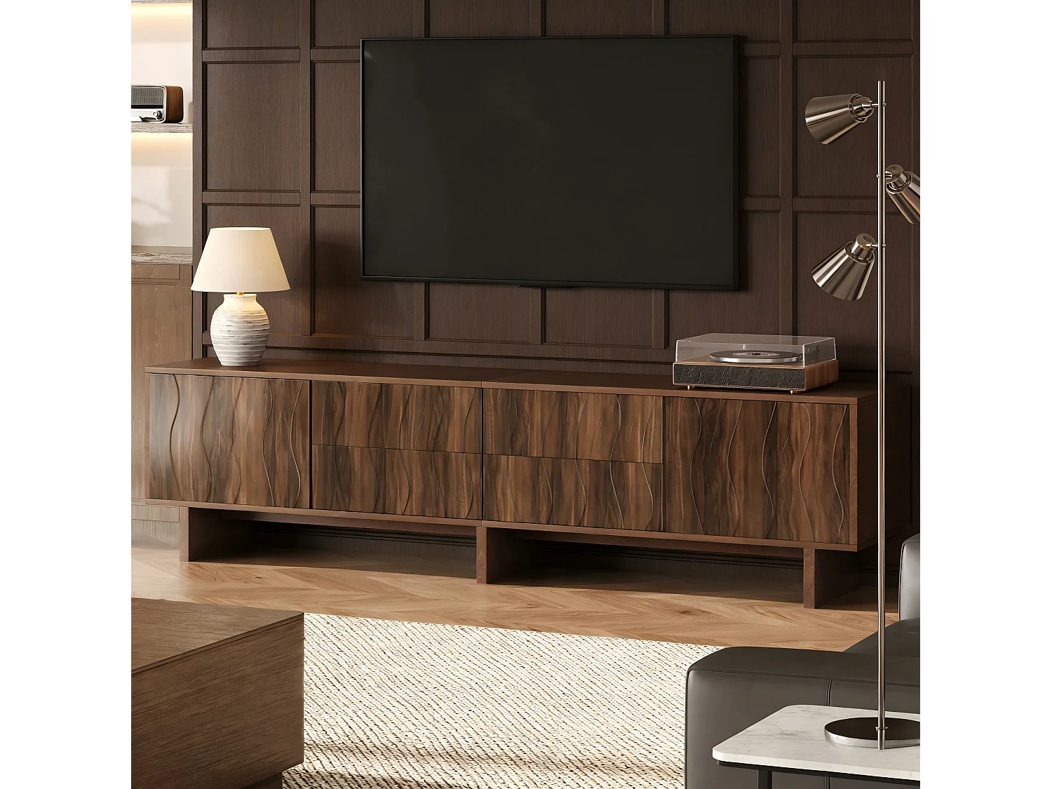 Meuble TV design ondulé - 180 x 40 x 56 cm - avec 4 tiroirs + 2 portes - pour TV 75 pouces - aggloméré - noyer foncé