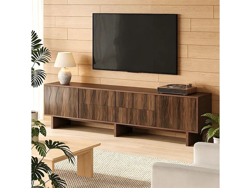 Meuble TV design ondulé - 180 x 40 x 56 cm - avec 4 tiroirs + 2 portes - pour TV 75 pouces - aggloméré - noyer foncé
