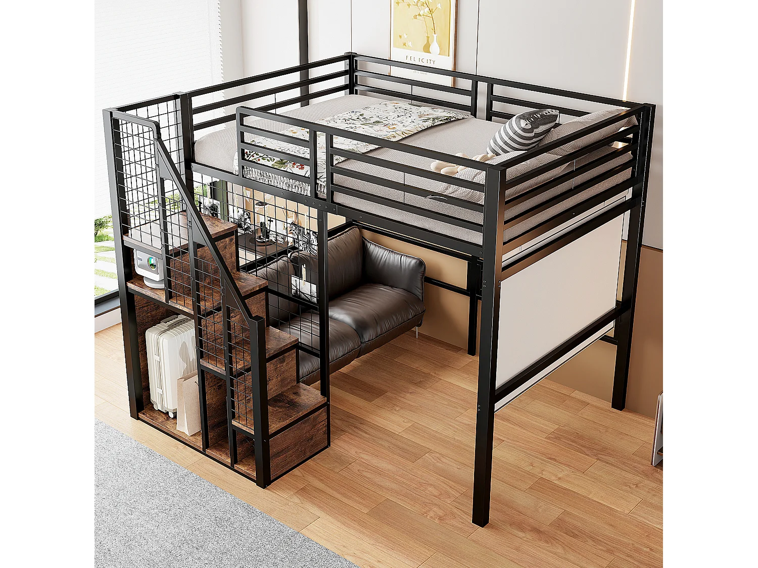 Lit mezzanine pour enfant - 140 x 200 cm - structure en fer - avec escalier de rangement et de sécurité - métal - noir