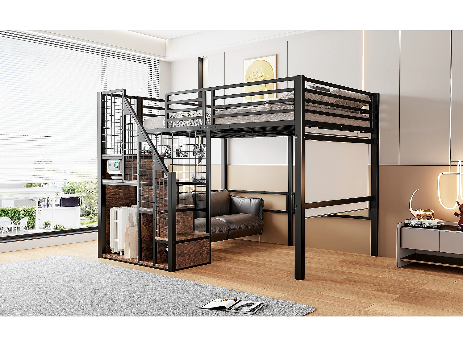 Lit mezzanine pour enfant - 140 x 200 cm - structure en fer - avec escalier de rangement et de sécurité - métal - noir