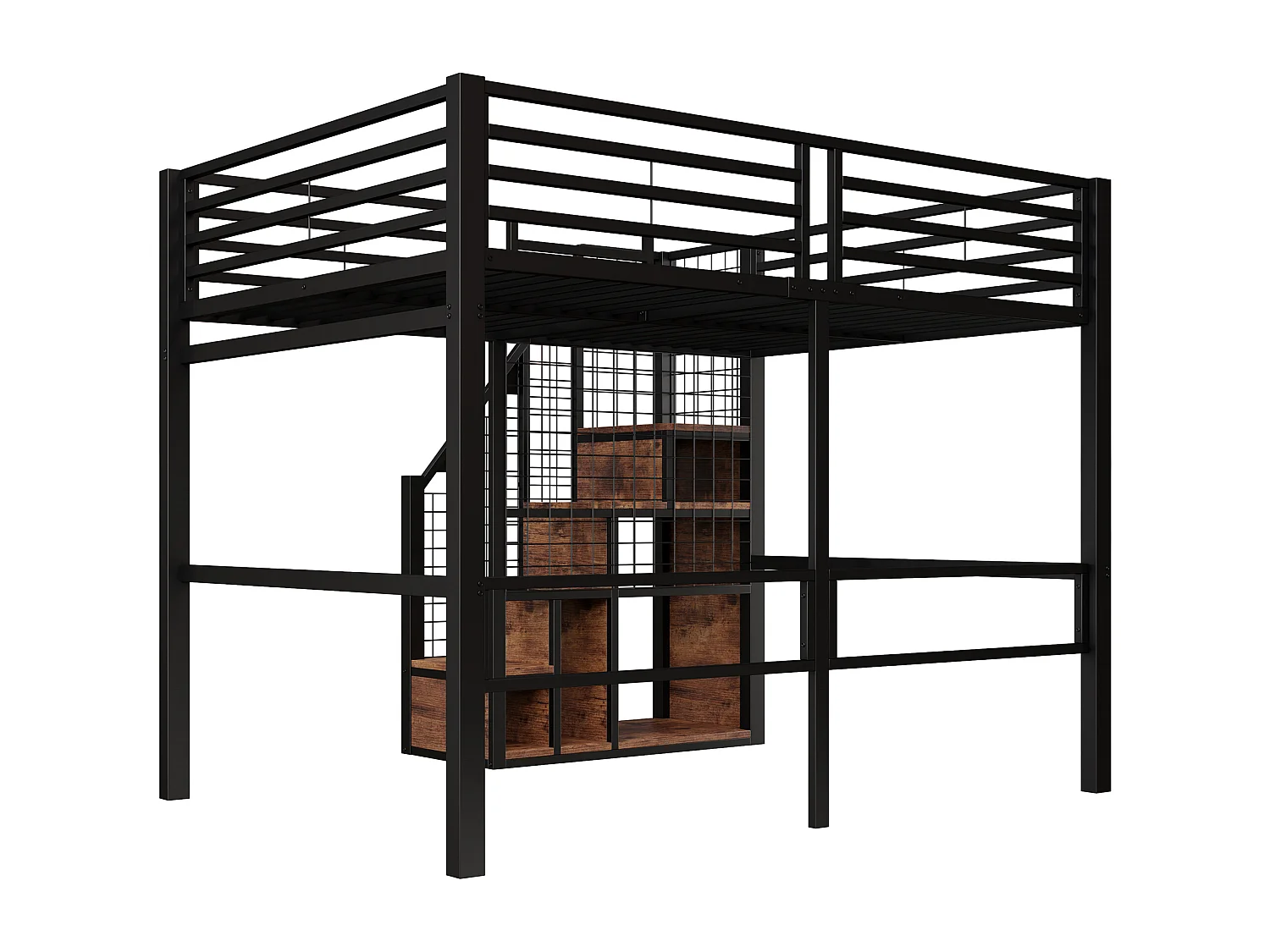 Lit mezzanine pour enfant - 140 x 200 cm - structure en fer - avec escalier de rangement et de sécurité - métal - noir