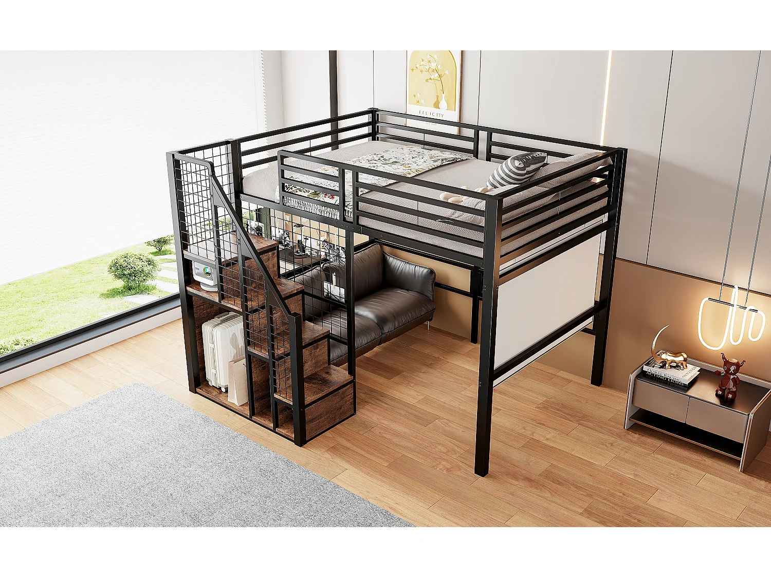 Lit mezzanine pour enfant - 140 x 200 cm - structure en fer - avec escalier de rangement et de sécurité - métal - noir