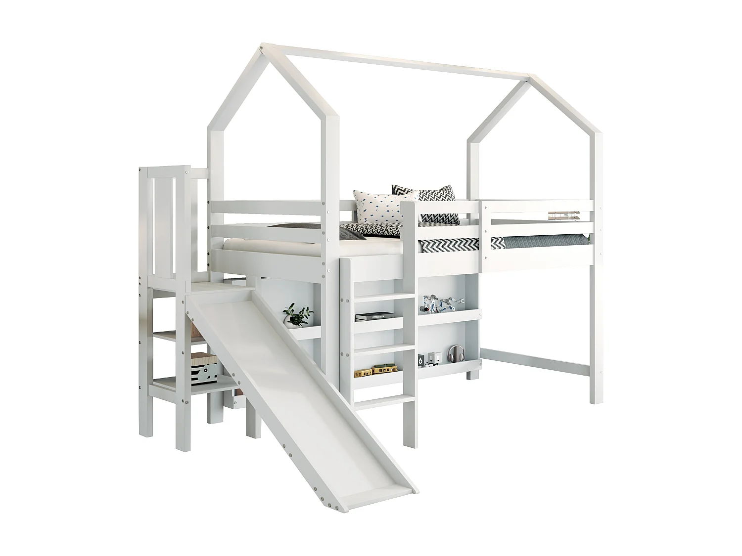 Lit mezzanine pour enfant - 90 x 200 cm - avec toboggan + escalier + étagère de rangement - bois massif + MDF - blanc