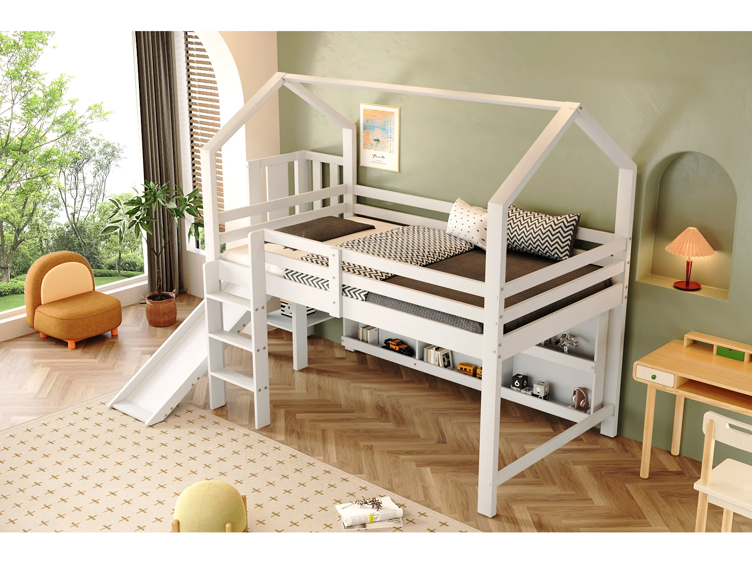 Lit mezzanine pour enfant - 90 x 200 cm - avec toboggan + escalier + étagère de rangement - bois massif + MDF - blanc
