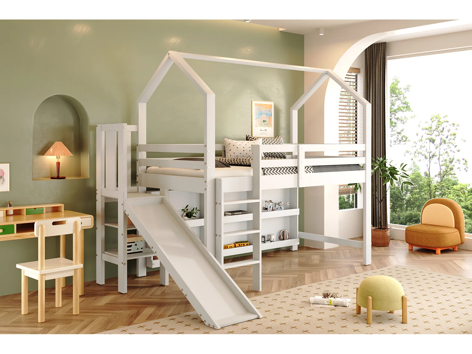 Lit mezzanine pour enfant - 90 x 200 cm - avec toboggan + escalier + étagère de rangement - bois massif + MDF - blanc