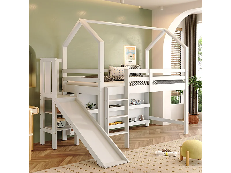 Lit mezzanine pour enfant - 90 x 200 cm - avec toboggan + escalier + étagère de rangement - bois massif + MDF - blanc