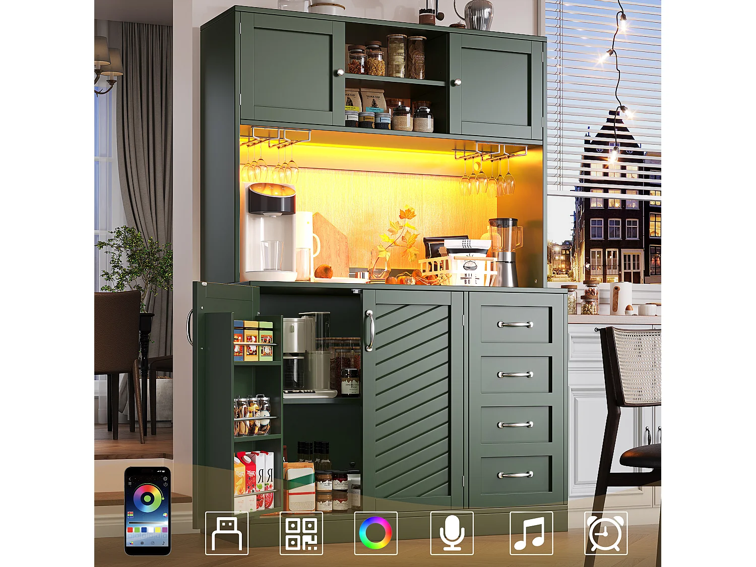 Kredens kuchenny - 120 x 40 x 188 cm - 4 drzwi + oświetlenie LED + uchwyty na kubki + szuflady + półka na przekąski - MDF - zielony