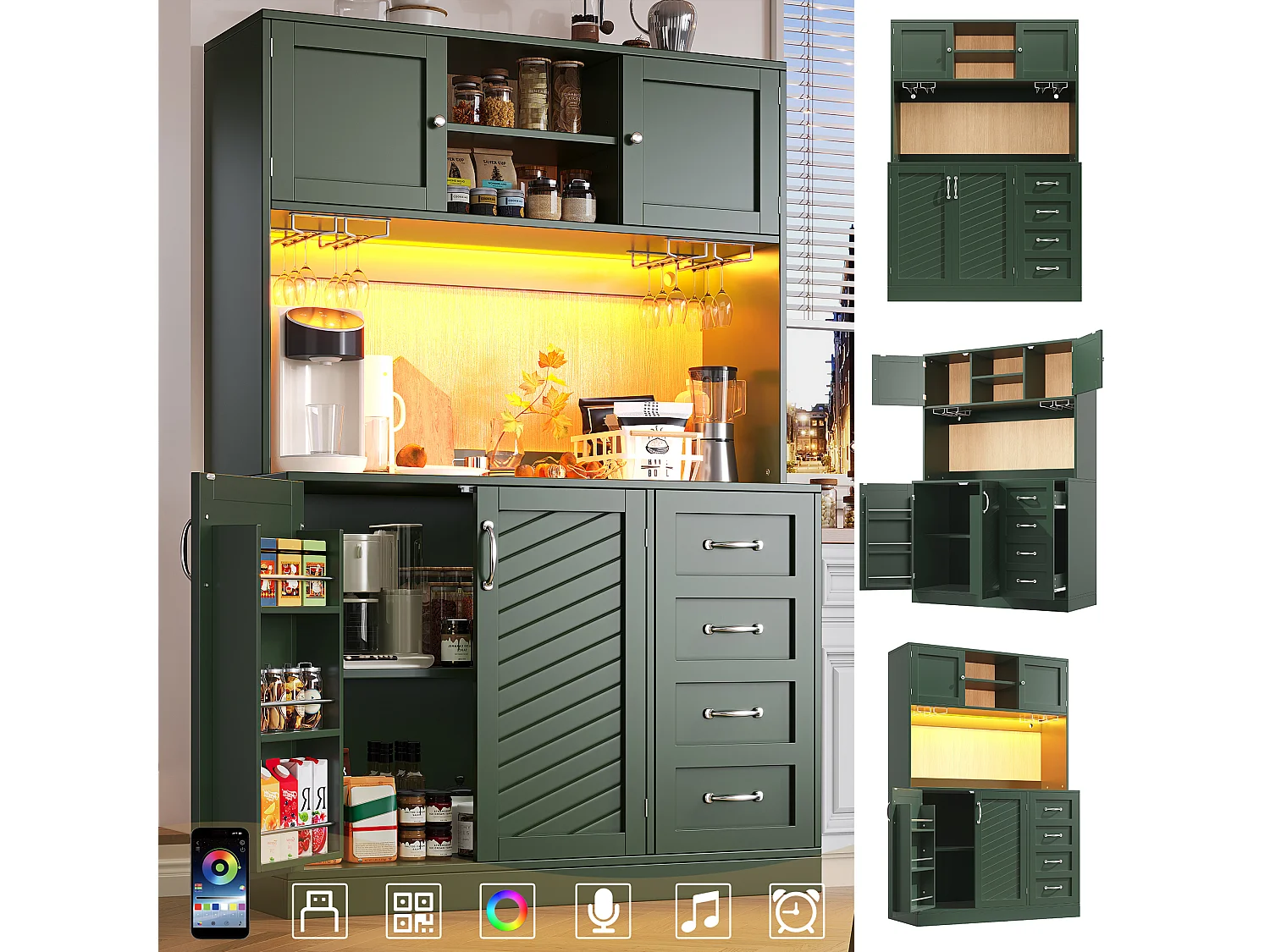 Kredens kuchenny - 120 x 40 x 188 cm - 4 drzwi + oświetlenie LED + uchwyty na kubki + szuflady + półka na przekąski - MDF - zielony