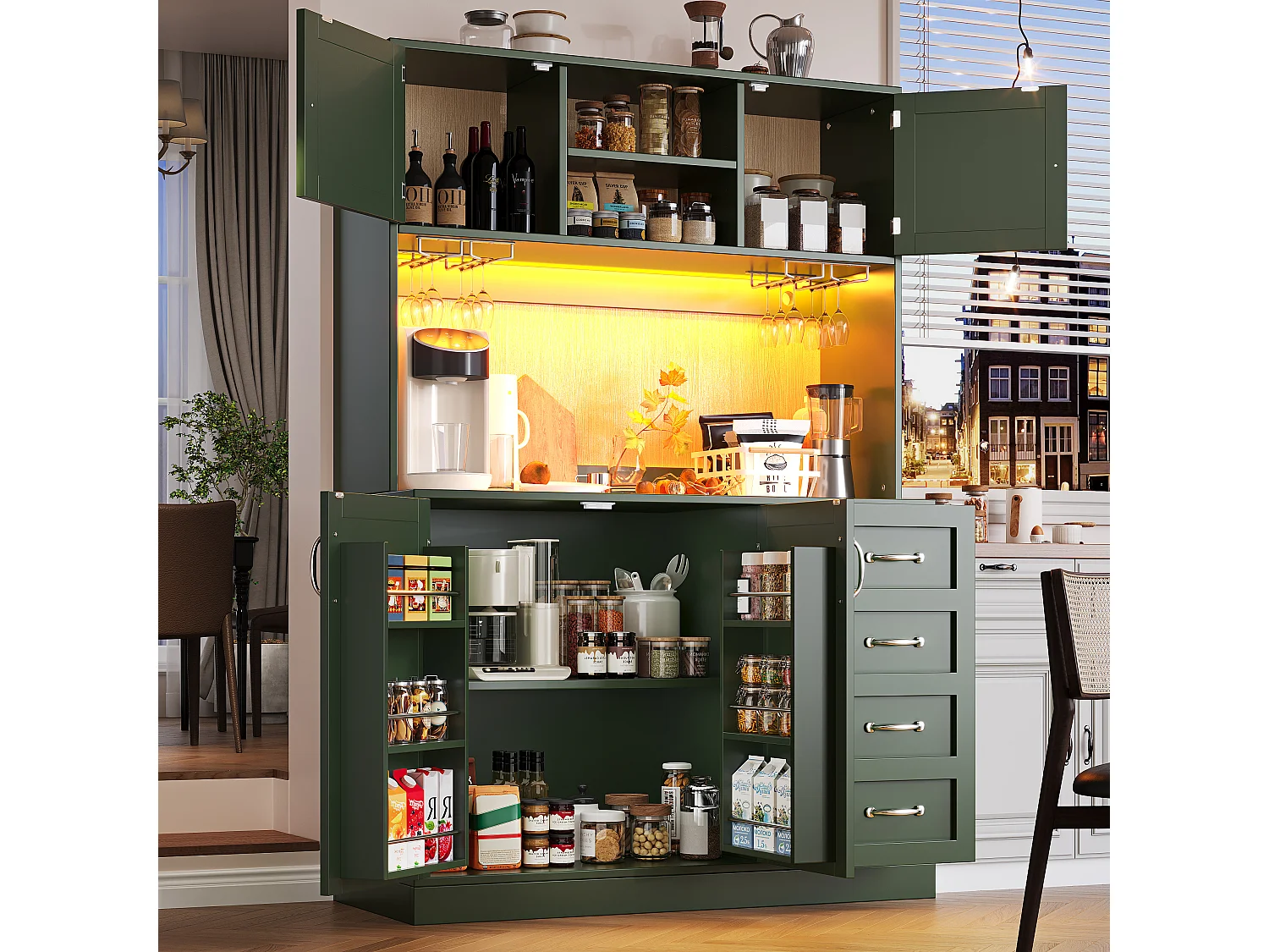 Kredens kuchenny - 120 x 40 x 188 cm - 4 drzwi + oświetlenie LED + uchwyty na kubki + szuflady + półka na przekąski - MDF - zielony