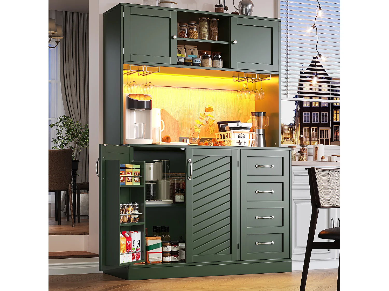 Kredens kuchenny - 120 x 40 x 188 cm - 4 drzwi + oświetlenie LED + uchwyty na kubki + szuflady + półka na przekąski - MDF - zielony