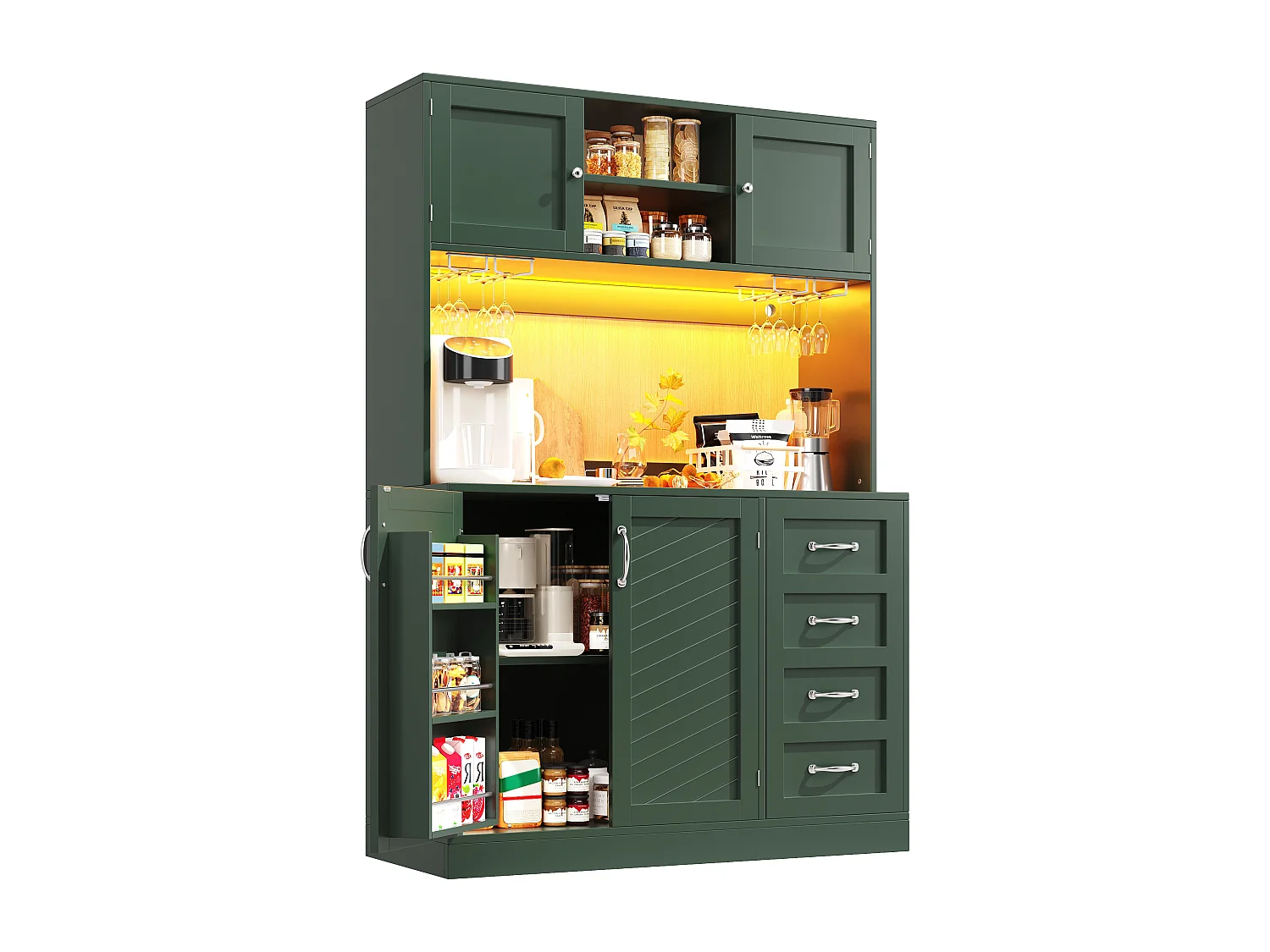 Kredens kuchenny - 120 x 40 x 188 cm - 4 drzwi + oświetlenie LED + uchwyty na kubki + szuflady + półka na przekąski - MDF - zielony