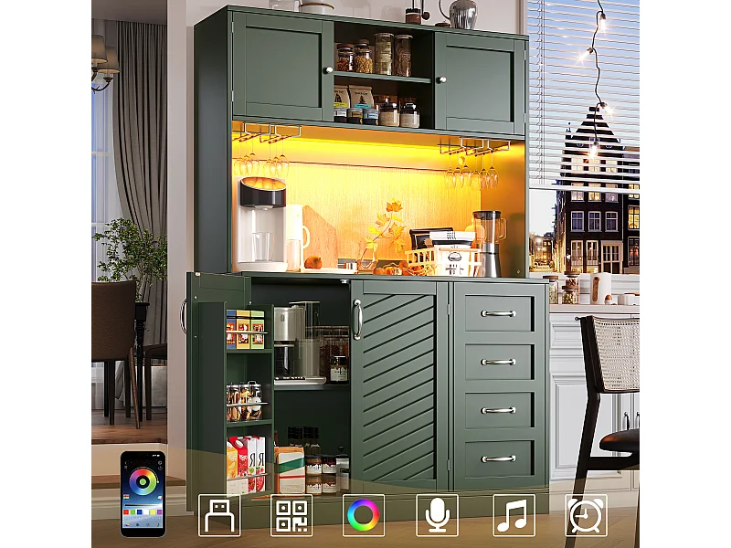 Kredens kuchenny - 120 x 40 x 188 cm - 4 drzwi + oświetlenie LED + uchwyty na kubki + szuflady + półka na przekąski - MDF - zielony