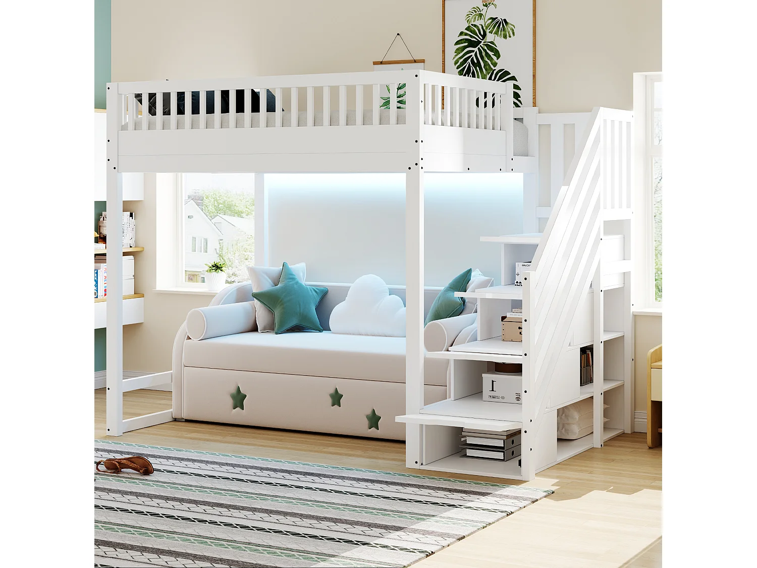 Cama alta infantil - 140 x 200 cm - con escalera de almacenaje + barandilla de seguridad + LED - madera - blanco