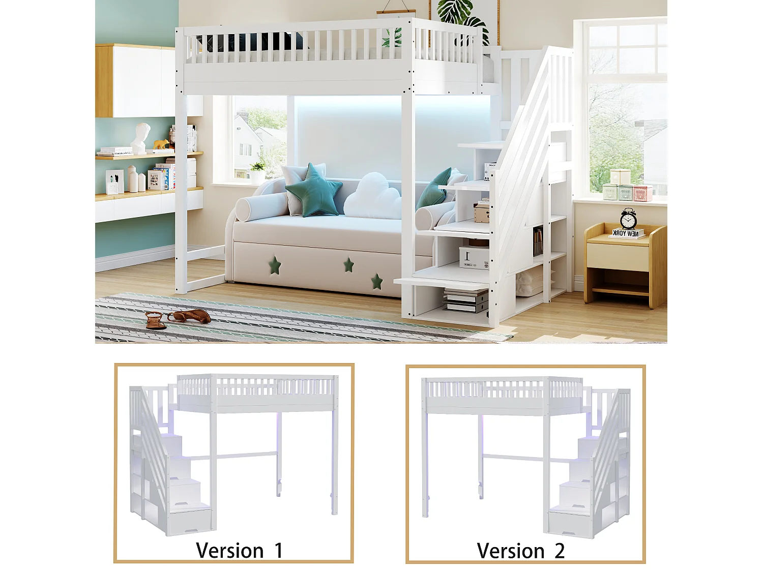 Cama alta infantil - 140 x 200 cm - con escalera de almacenaje + barandilla de seguridad + LED - madera - blanco