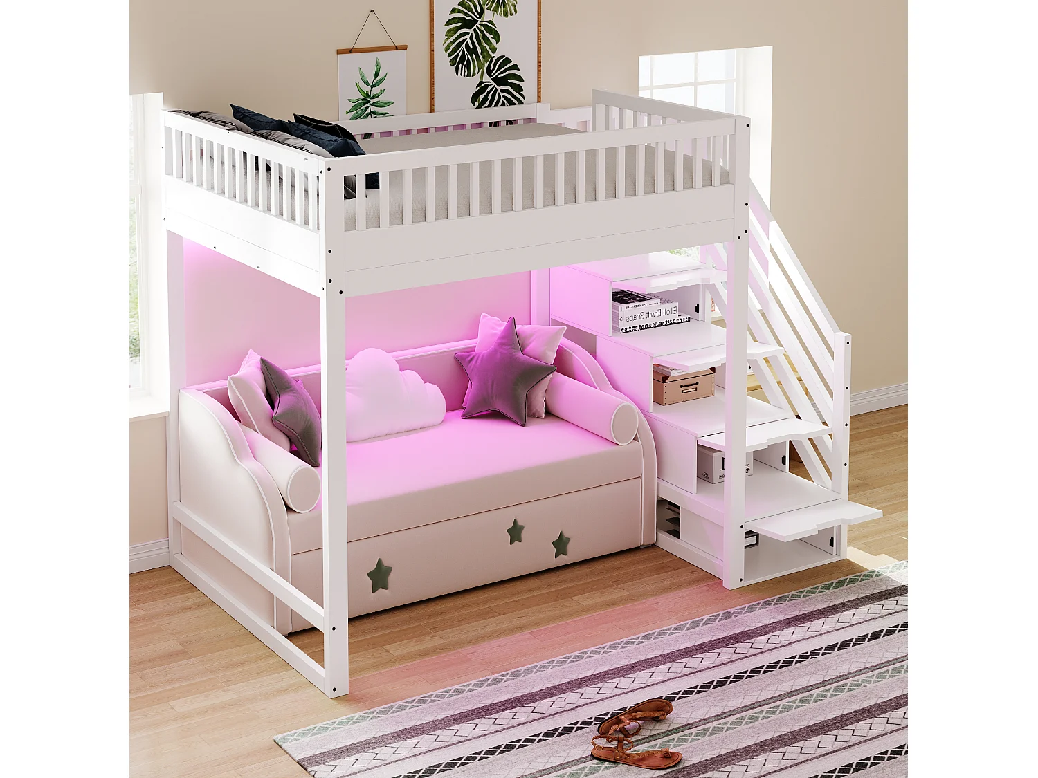 Cama alta infantil - 140 x 200 cm - con escalera de almacenaje + barandilla de seguridad + LED - madera - blanco