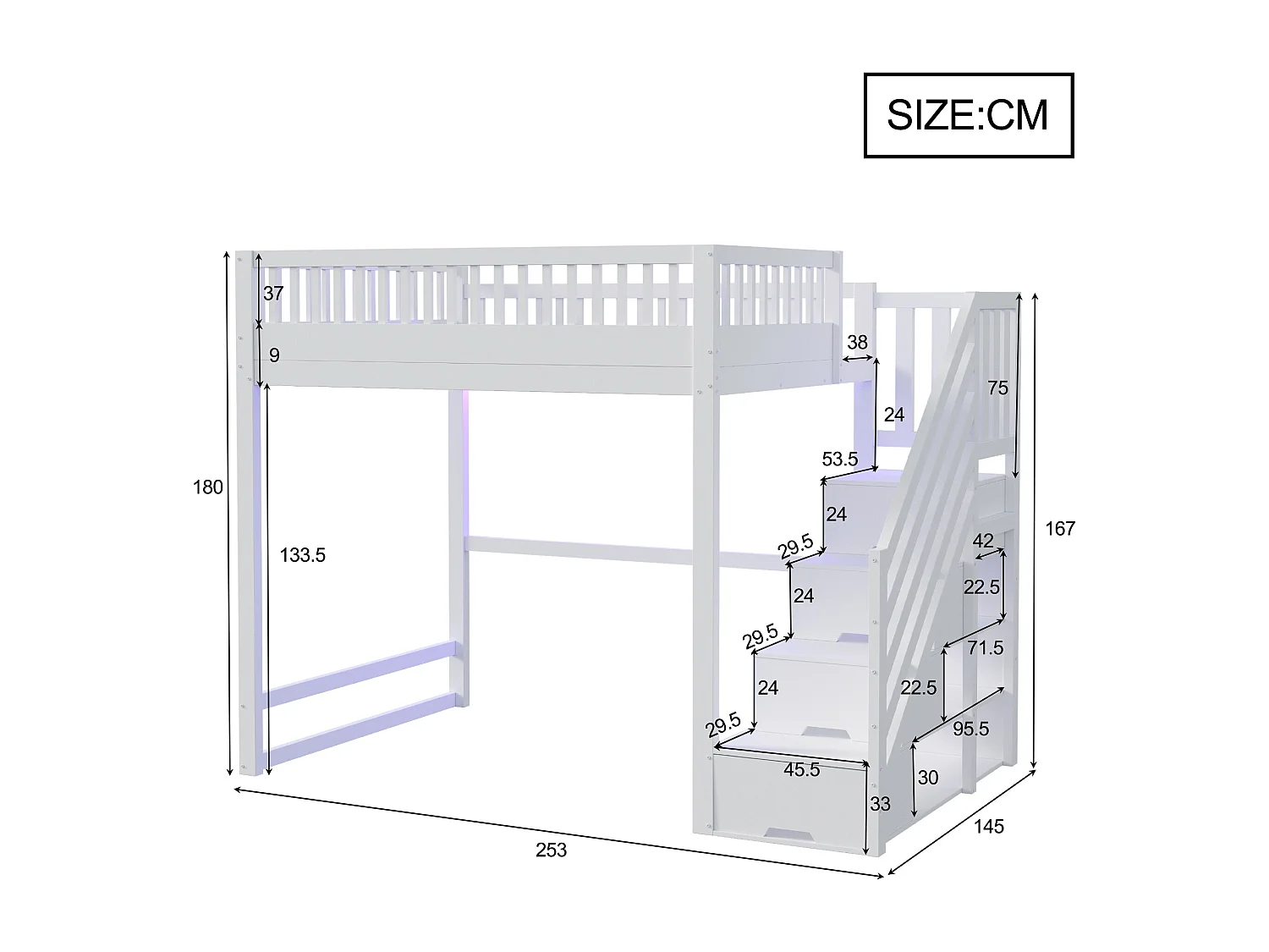 Cama alta infantil - 140 x 200 cm - con escalera de almacenaje + barandilla de seguridad + LED - madera - blanco