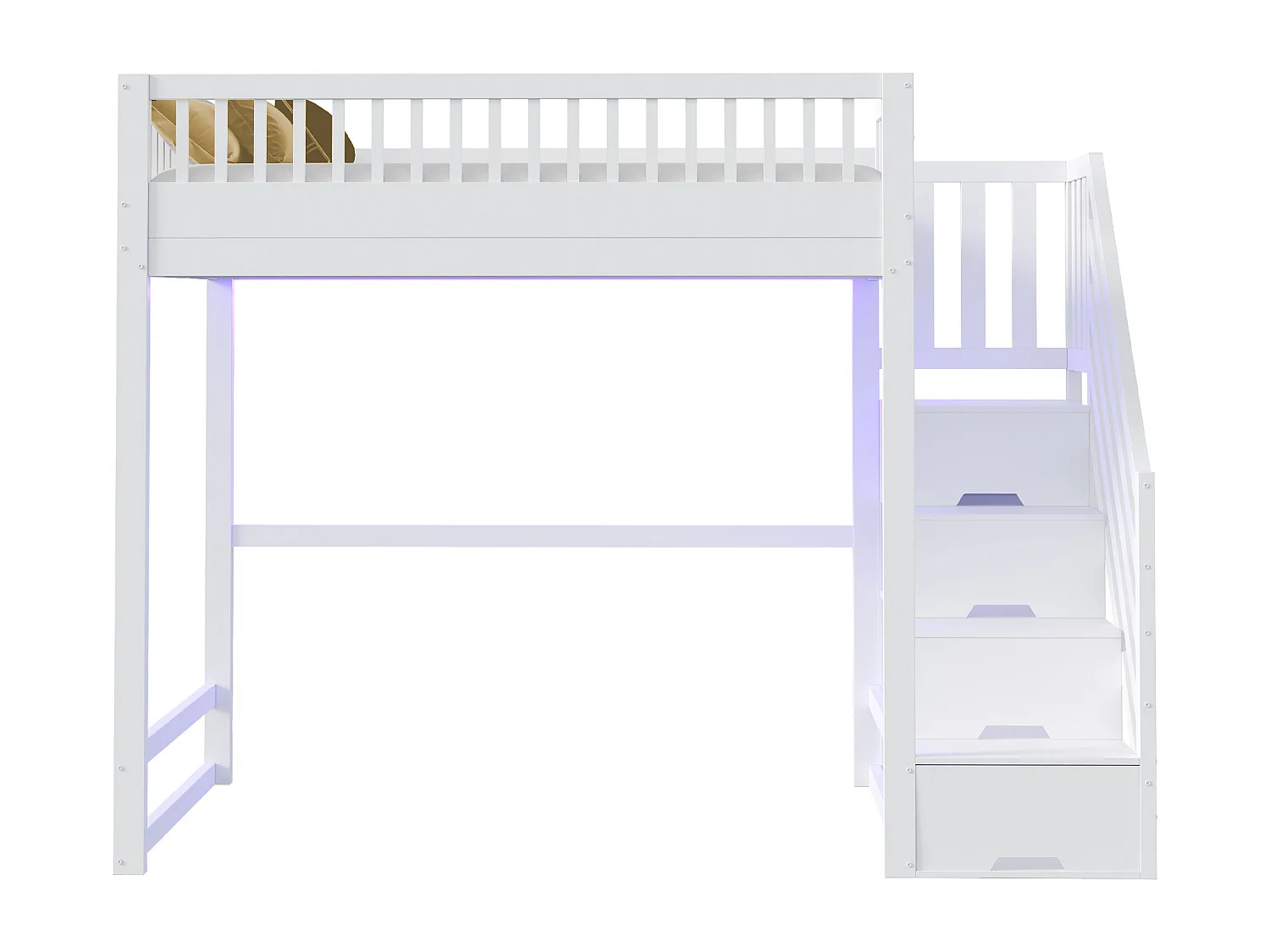 Cama alta infantil - 140 x 200 cm - con escalera de almacenaje + barandilla de seguridad + LED - madera - blanco