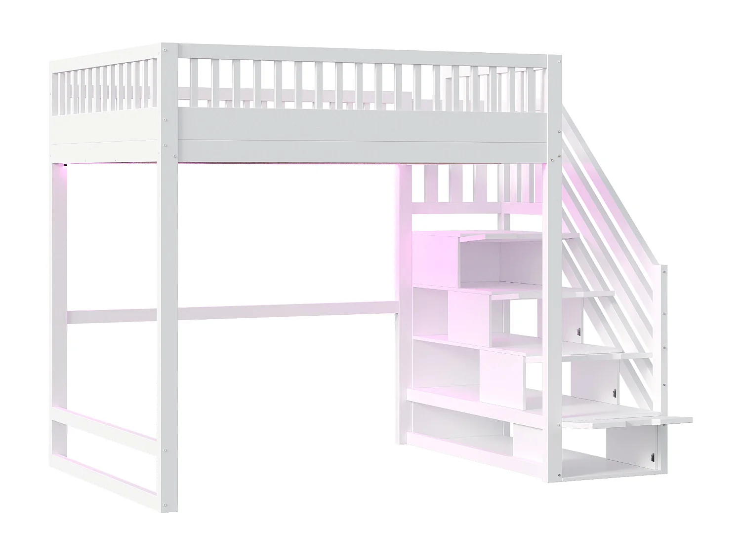 Cama alta infantil - 140 x 200 cm - con escalera de almacenaje + barandilla de seguridad + LED - madera - blanco