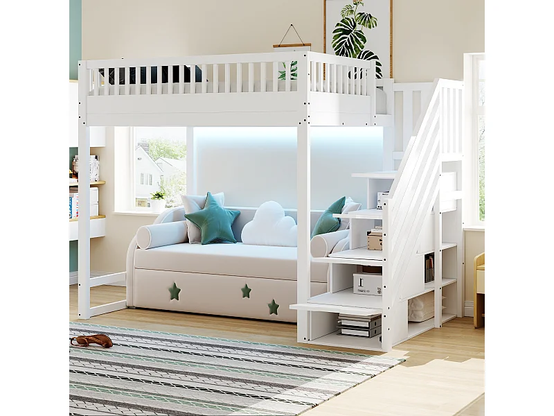 Kinderhoogslaper - 140 x 200 cm - met opbergladder + veiligheidsrail + LED-verlichting - hout - wit